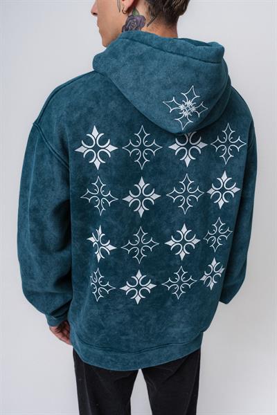 Erkek Muse Baskılı Yıkamalı Kapüşonlu Oversize Hoodie Zümrüt