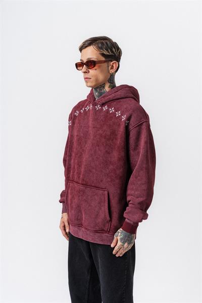 Erkek Muse Baskılı Yıkamalı Kapüşonlu Oversize Hoodie Bordo