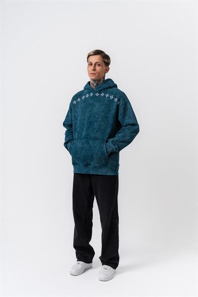 Erkek Muse Baskılı Yıkamalı Kapüşonlu Oversize Hoodie Zümrüt