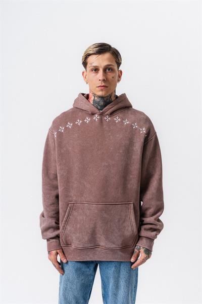 Erkek Muse Baskılı Yıkamalı Kapüşonlu Oversize Hoodie Kakao