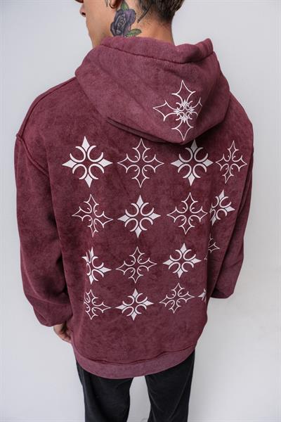 Erkek Muse Baskılı Yıkamalı Kapüşonlu Oversize Hoodie Bordo