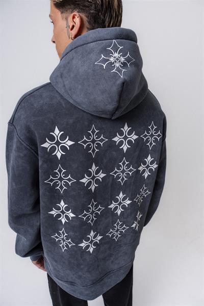 Erkek Muse Baskılı Yıkamalı Kapüşonlu Oversize Hoodie Füme