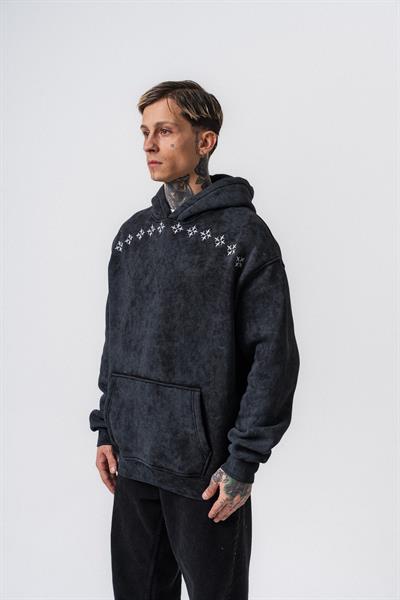 Erkek Muse Baskılı Yıkamalı Kapüşonlu Oversize Hoodie Siyah