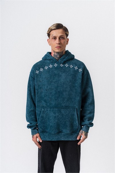 Erkek Muse Baskılı Yıkamalı Kapüşonlu Oversize Hoodie Zümrüt