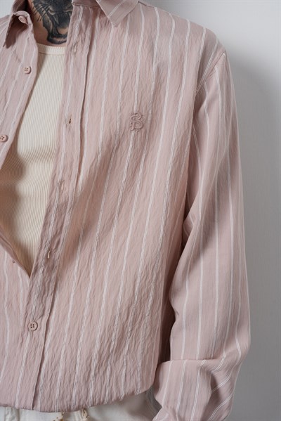 Erkek Nakış Detaylı Çizgili Uzun Kollu Oversize Gömlek Pembe