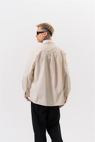 Erkek Nakış Detaylı Poplin Oversize Gömlek Bej