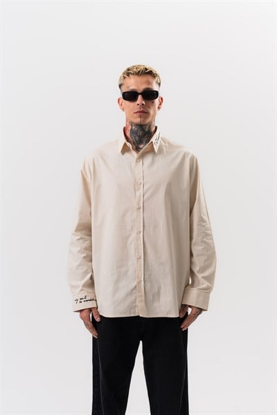 Erkek Nakış Detaylı Poplin Oversize Gömlek Bej