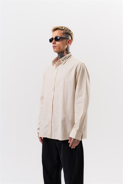 Erkek Nakış Detaylı Poplin Oversize Gömlek Bej
