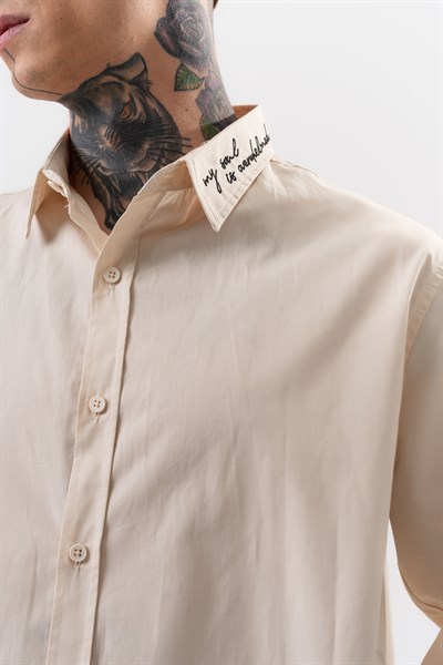 Erkek Nakış Detaylı Poplin Oversize Gömlek Bej