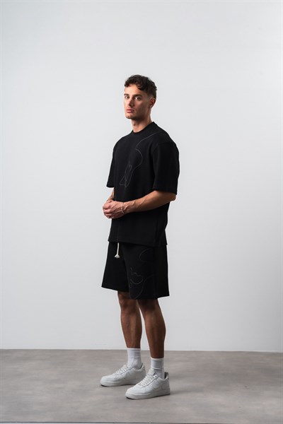 Erkek Nakış Detaylı Regular Fit T-Shirt Şort Takım Siyah