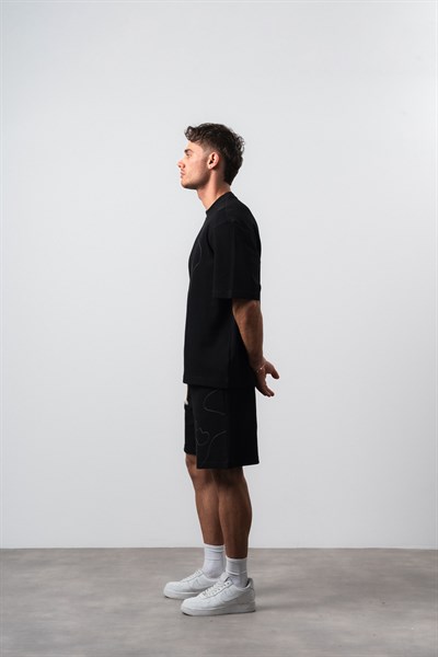 Erkek Nakış Detaylı Regular Fit T-Shirt Şort Takım Siyah