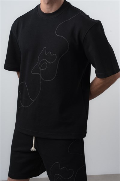 Erkek Nakış Detaylı Regular Fit T-Shirt Şort Takım Siyah