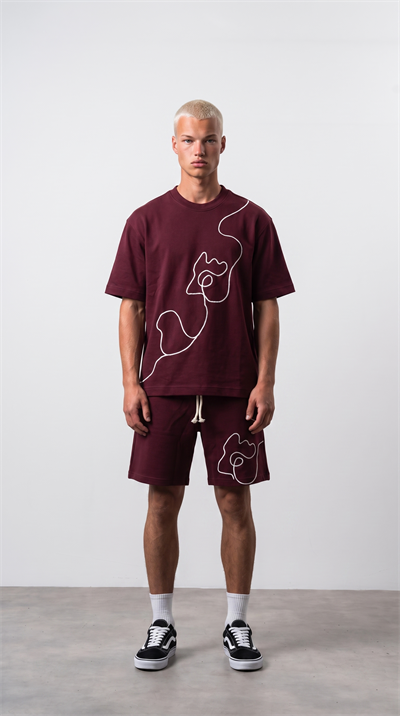 Erkek Nakış Detaylı Regular Fit T-Shirt Şort Takım Bordo