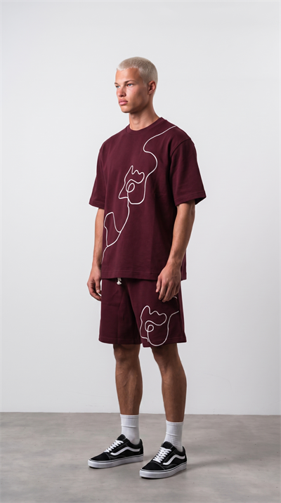 Erkek Nakış Detaylı Regular Fit T-Shirt Şort Takım Bordo