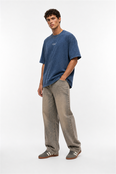 Erkek Nakış Detaylı Yıkamalı Oversize T-Shirt Lacivert