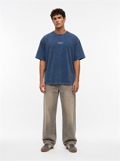 Erkek Nakış Detaylı Yıkamalı Oversize T-Shirt Lacivert