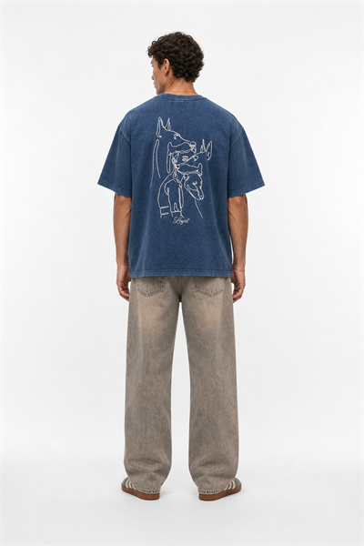 Erkek Nakış Detaylı Yıkamalı Oversize T-Shirt Lacivert