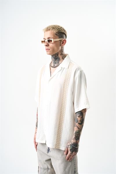 Erkek Nakışlı Oversize Keten Gömlek Beyaz