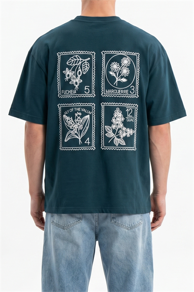Erkek Nakışlı Oversize T-Shirt Zümrüt