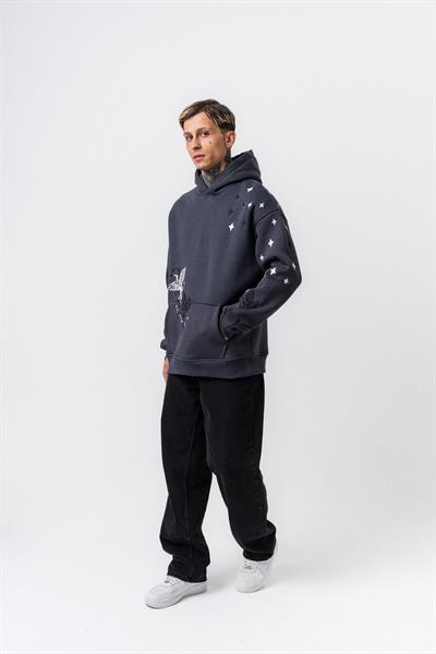 Erkek No Perch Nakışlı Kapüşonlu Oversize Hoodie Füme