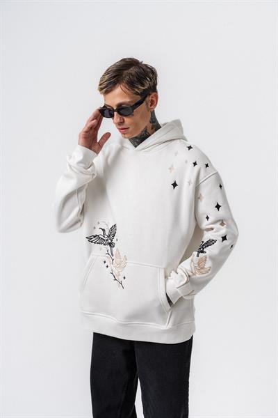 Erkek No Perch Nakışlı Kapüşonlu Oversize Hoodie Ekru