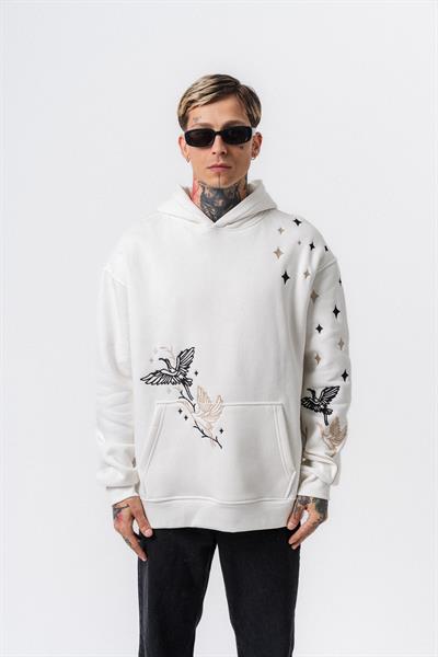 Erkek No Perch Nakışlı Kapüşonlu Oversize Hoodie Ekru