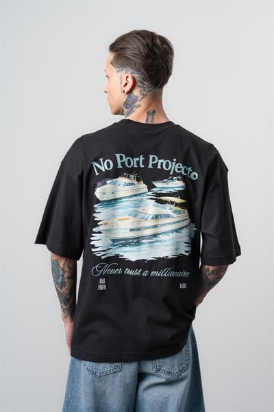 Erkek No Port Baskılı Oversize T-Shirt Siyah
