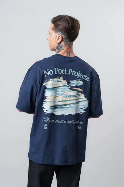 Erkek No Port Baskılı Oversize T-Shirt Lacivert