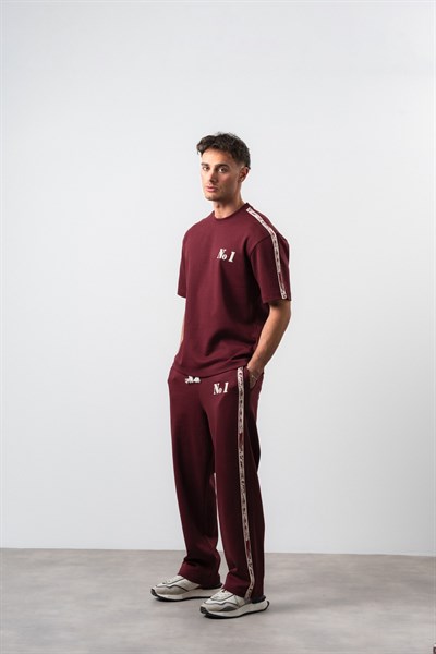 Erkek No1 Şerit Detaylı Regular Fit T-Shirt Pantolon Takım Bordo