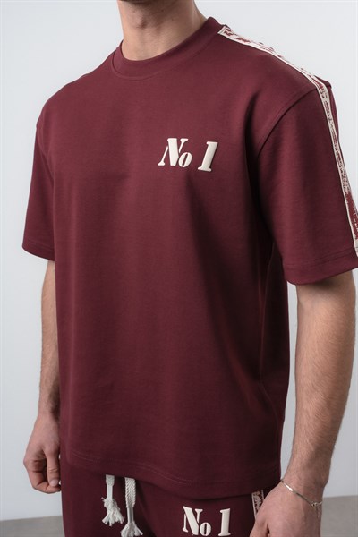 Erkek No1 Şerit Detaylı Regular Fit T-Shirt Pantolon Takım Bordo