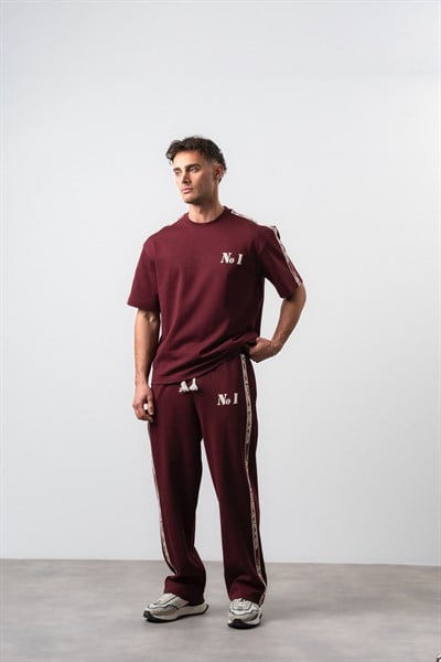Erkek No1 Şerit Detaylı Regular Fit T-Shirt Pantolon Takım Bordo