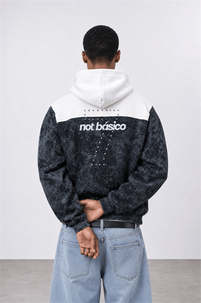 Erkek Not Básico Baskılı Yıkamalı Oversize Hoodie Siyah