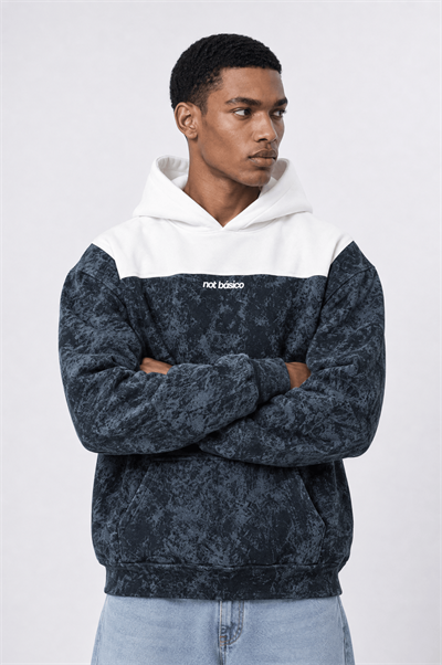 Erkek Not Básico Baskılı Yıkamalı Oversize Hoodie Siyah