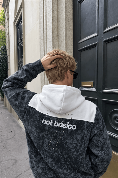 Erkek Not Básico Baskılı Yıkamalı Oversize Hoodie Siyah