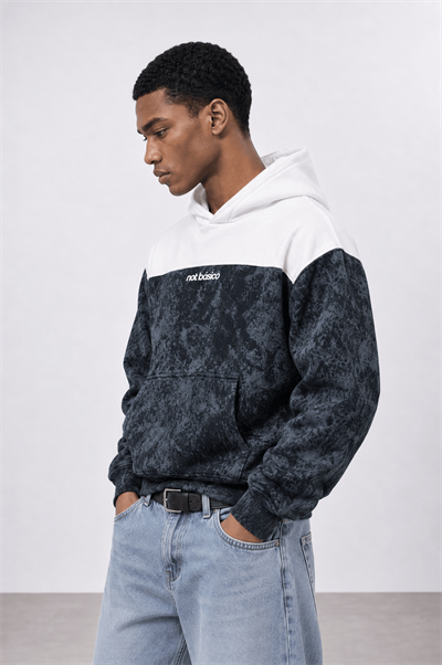 Erkek Not Básico Baskılı Yıkamalı Oversize Hoodie Siyah