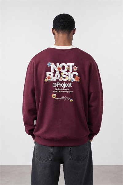 Erkek Not Basic Project Baskılı Oversize Sweatshirt Bordo