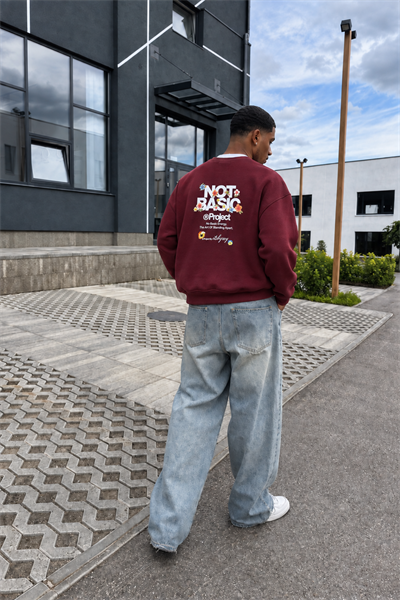 Erkek Not Basic Project Baskılı Oversize Sweatshirt Bordo