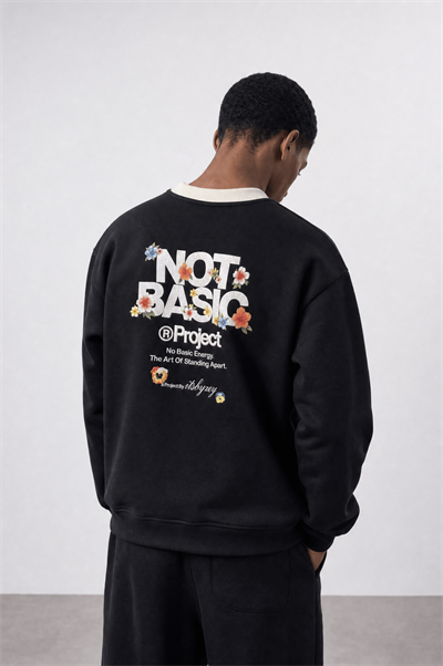 Erkek Not Basic Project Baskılı Oversize Sweatshirt Siyah
