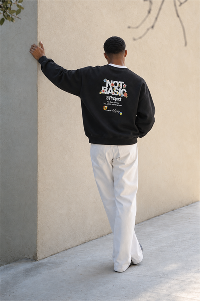 Erkek Not Basic Project Baskılı Oversize Sweatshirt Siyah