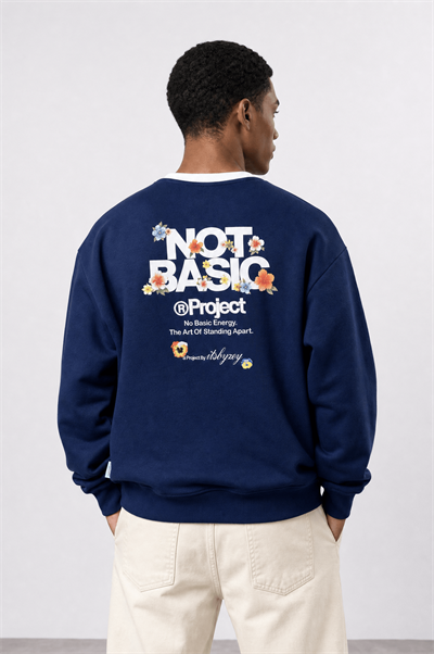 Erkek Not Basic Project Baskılı Oversize Sweatshirt Lacivert