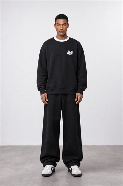 Erkek Not Basic Project Baskılı Oversize Sweatshirt Siyah