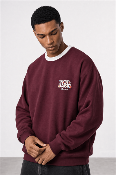 Erkek Not Basic Project Baskılı Oversize Sweatshirt Bordo