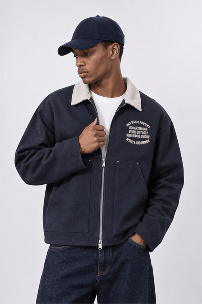 Erkek Not Basic Project Baskılı Oversize Ceket Lacivert