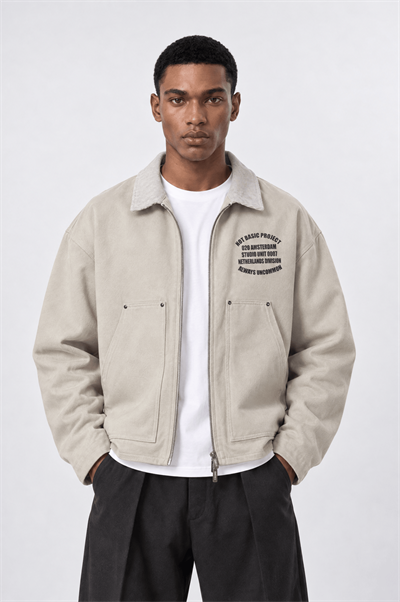 Erkek Not Basic Project Baskılı Oversize Ceket Bej