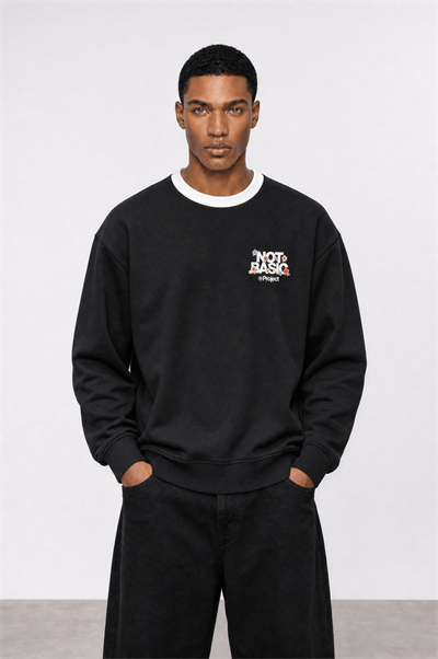 Erkek Not Basic Project Baskılı Oversize Sweatshirt Siyah