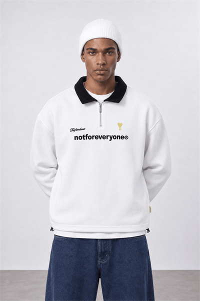 Erkek Not For Everyone Nakışlı Polo Yaka Oversize Sweatshirt Ekru