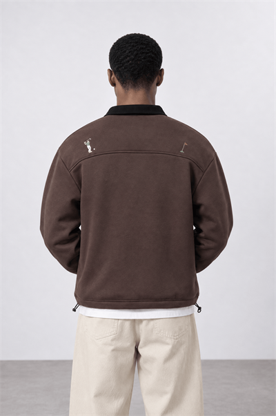 Erkek Not For Everyone Nakışlı Polo Yaka Oversize Sweatshirt Kahve