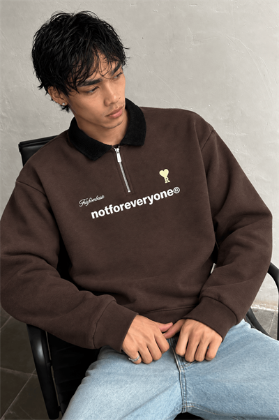 Erkek Not For Everyone Nakışlı Polo Yaka Oversize Sweatshirt Kahve