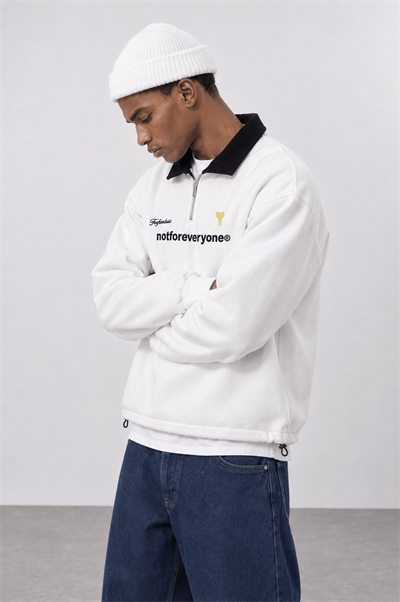 Erkek Not For Everyone Nakışlı Polo Yaka Oversize Sweatshirt Ekru