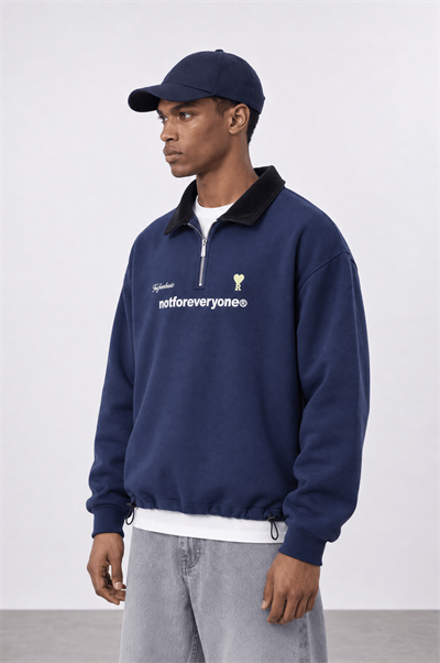 Erkek Not For Everyone Nakışlı Polo Yaka Oversize Sweatshirt Lacivert